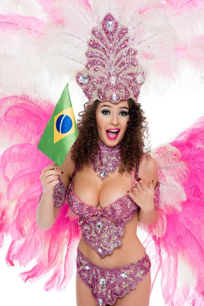 Smiling Woman Carnival Costume Holding Brazilian Fllag Hand Isolated White — Free Stock Photo