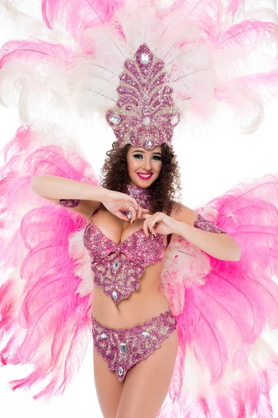 Mulher Feliz Traje Carnaval Olhando Para Câmera Isolado Branco — Fotos gratuitas