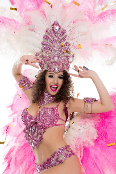Young Woman Pink Carnival Costume Isolated White — Free Stock Photo