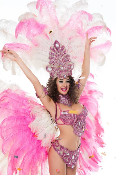 Gelukkige Vrouw Carnaval Kostuum Geïsoleerd Wit — Gratis stockfoto