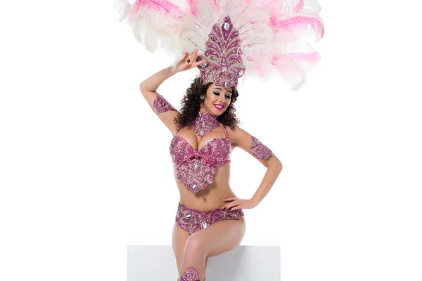 Bright Woman Carnival Costume Pink Feathers Sitting Posing Seductively Isolated — Free Stock Photo
