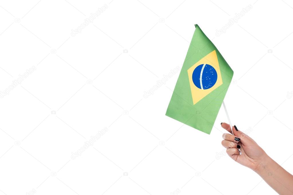 Cropped image of hand holding brazilian flag, isolated on white