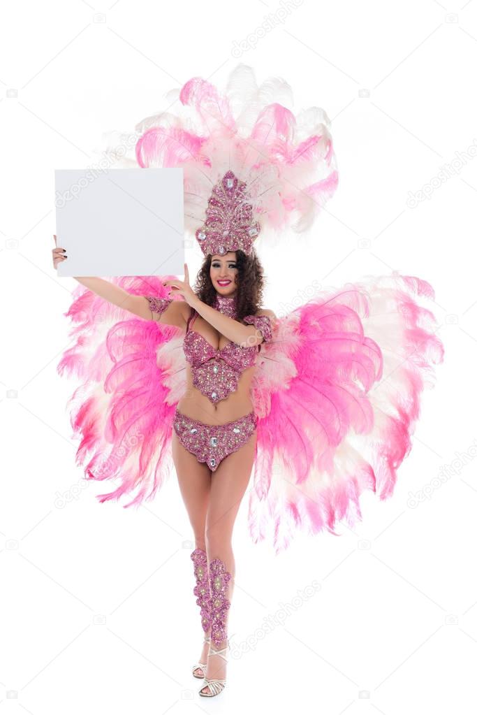 caucasian woman in carnival costume holding blank banner in raised hands , isolated on white  