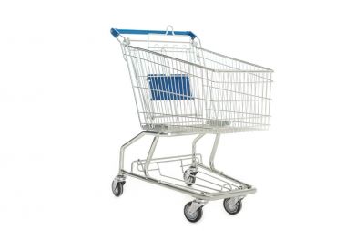 close-up view of empty shopping trolley isolated on white
