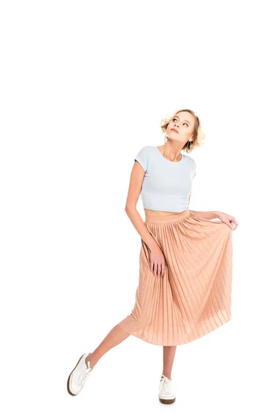 Full Length View Beautiful Blonde Girl Pink Skirt Posing Looking — Stock Photo, Image