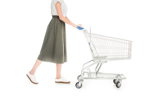 Cropped Shot Woman Pushing Empty Shopping Trolley Isolated White — Stock Photo, Image