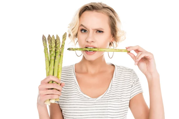 Portrait Young Woman Biting Raw Asparagus Hands Isolated White — Stock Photo, Image