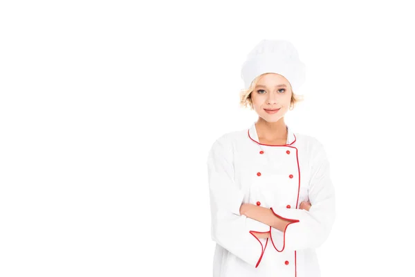 Portrait Smiling Female Chef Arms Crossed Looking Camera Isolated White — Free Stock Photo