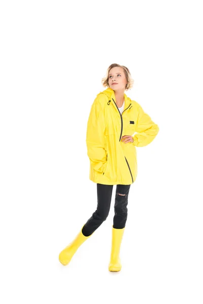 Dreamy Young Woman Stylish Yellow Raincoat Rain Boots Isolated White — Stock Photo, Image