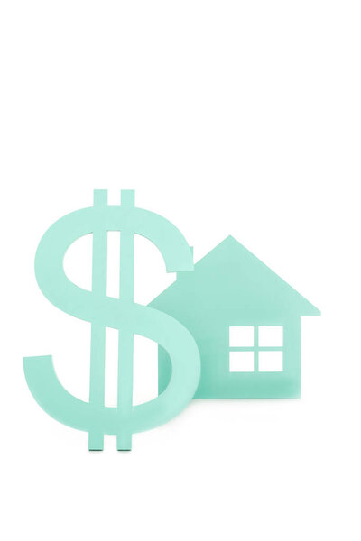крупный план вывески доллара и модель дома изолированы на белом
