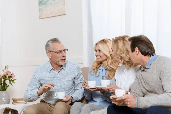 Hombres Mujeres Mayores Disfrutando Del Tiempo Juntos Mientras Beben Sofá — Foto de Stock