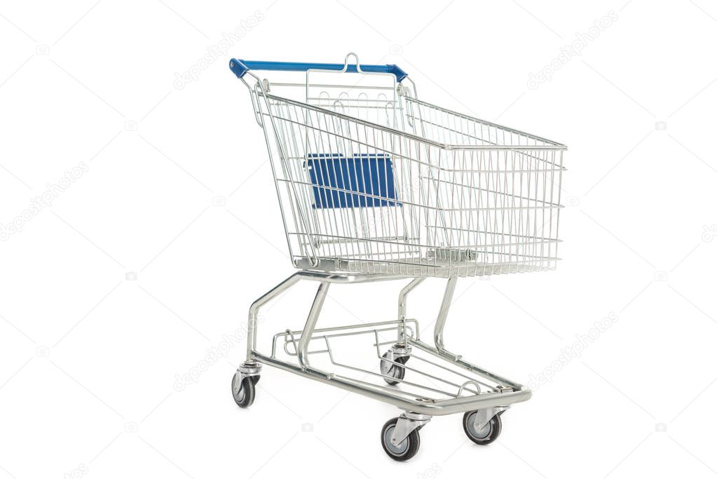 close-up view of empty shopping trolley isolated on white