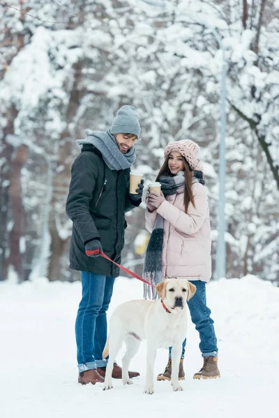 Веселая Пара Кофе Пойти Собака Поводке Снежном Парке — стоковое фото