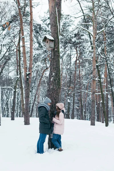 年轻夫妇看着对方 而站在冬季森林 — 图库照片