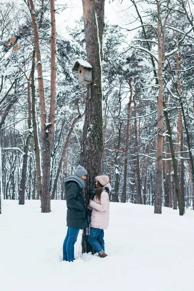 Jovem Casal Olhando Uns Para Outros Enquanto Floresta Inverno — Fotografia de Stock