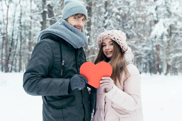 Retrato Jovem Casal Segurando Coração Vermelho Mãos Juntas Parque Inverno — Fotos gratuitas