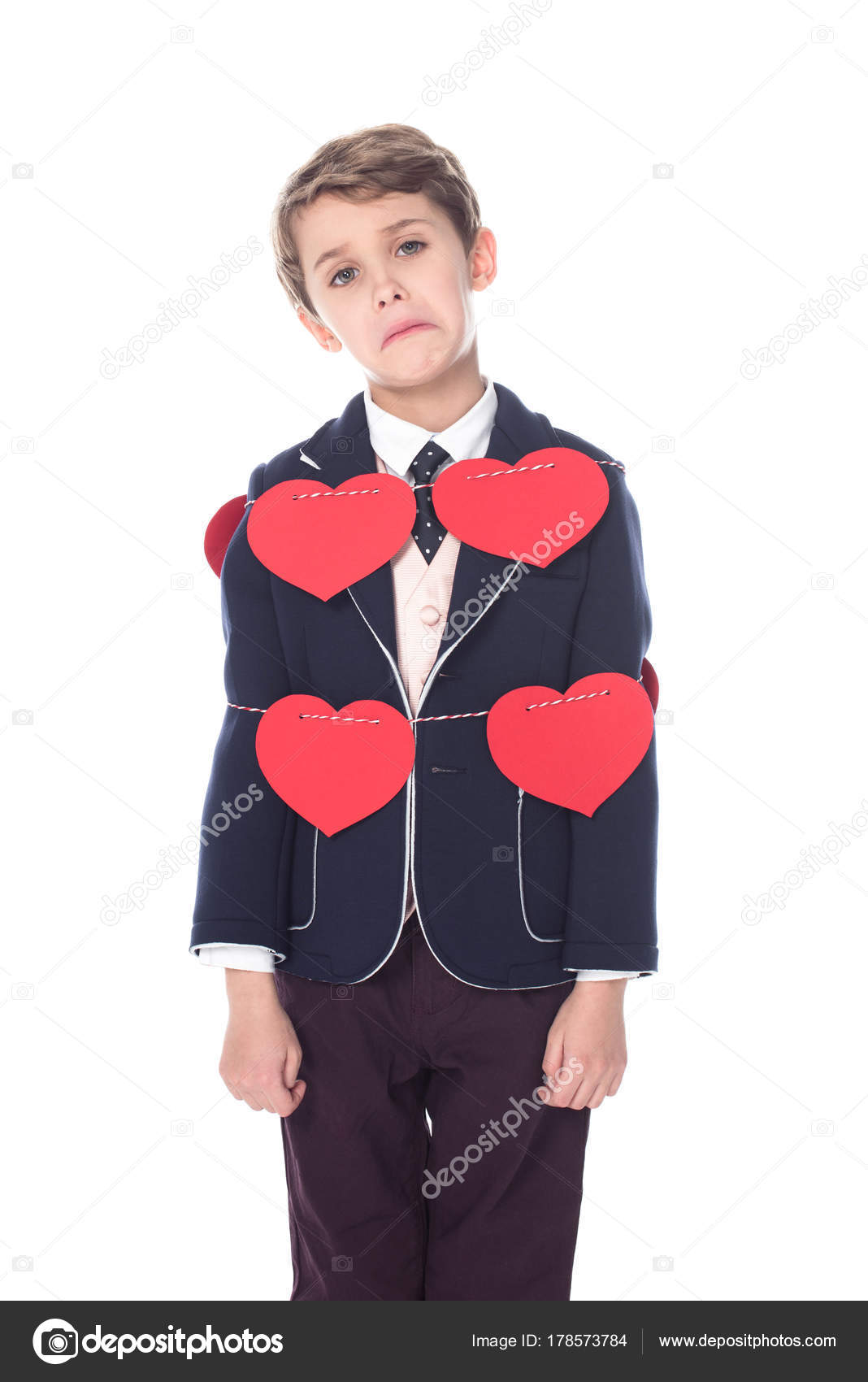 Upset Little Boy Suit Staying Tied Rope Red Hearts Looking Stock Photo by  ©IgorVetushko 178573784