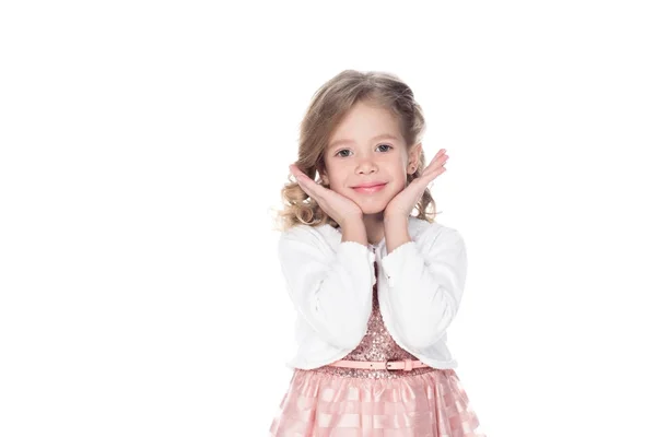 微笑的孩子在粉红色的礼服打手势 孤立的白色 — 免费的图库照片