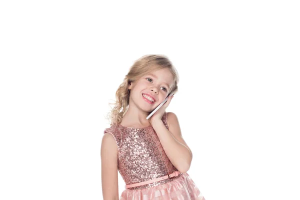 Smiling Child Talking Smartphone Isolated White — Stock Photo, Image