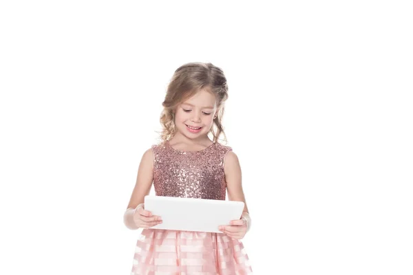 Adorable Kid Using Digital Tablet Isolated White — Stock Photo, Image