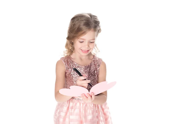 Adorable Niño Escribiendo Tarjeta Felicitación San Valentín Aislado Blanco — Foto de Stock