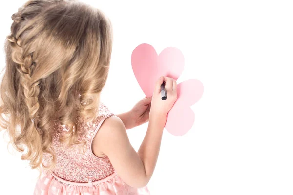 Niño Rubio Escribiendo Tarjeta Felicitación San Valentín Aislado Blanco —  Fotos de Stock