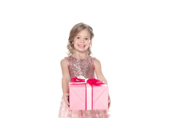 Cheerful Kid Dress Sparkles Holding Gift Isolated White — Stock Photo, Image