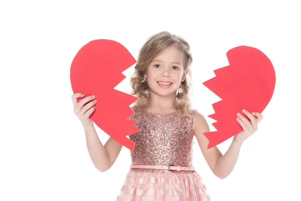 Niño Sonriente Sosteniendo Corazón Roto Aislado Blanco — Foto de stock gratis