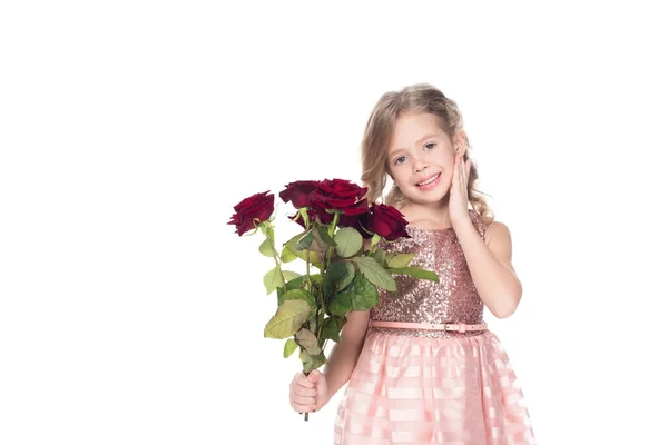 Adorabile Bambino Vestito Che Tiene Mazzo Rose Rosse Isolato Bianco — Foto Stock