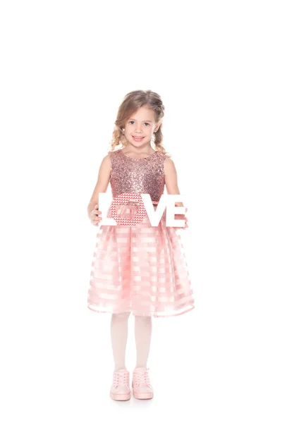 Beautiful Kid Holding Love Symbol Valentines Day Isolated White — Stock Photo, Image