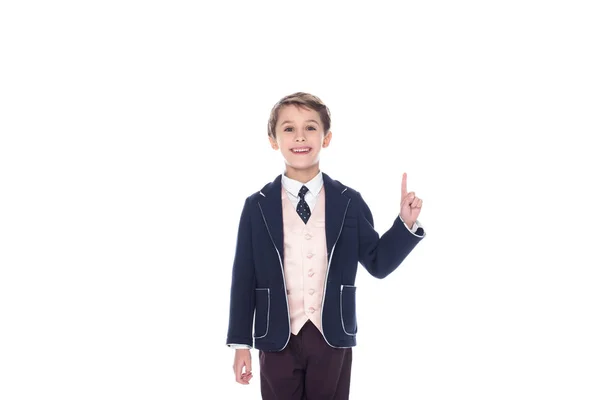 Little Boy Having Idea Pointing Isolated White — Stock Photo, Image