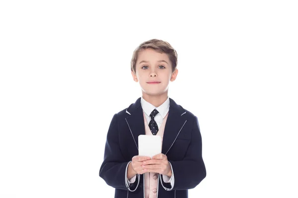 Niño Pequeño Usando Teléfono Inteligente Aislado Blanco —  Fotos de Stock