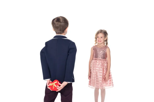 Back View Boy Fashionable Suit Holding Heart Shaped Gift Box — Stock Photo, Image
