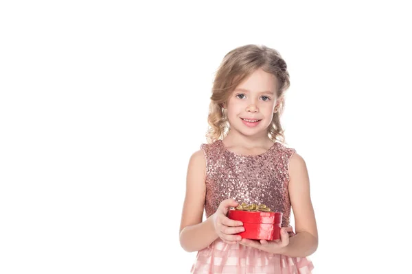 Mignon Enfant Robe Rose Tenant Boîte Cadeau Forme Coeur Souriant — Photo