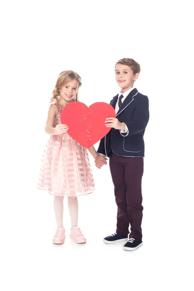 Beautiful Little Children Holding Red Heart Symbol Smiling Camera Isolated — Stock Photo, Image