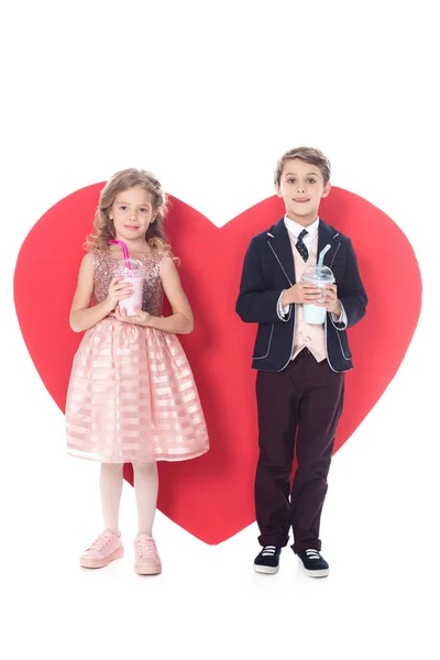 Adorable Little Children Holding Milkshakes Plastic Cups Big Red Heart — Stock Photo, Image