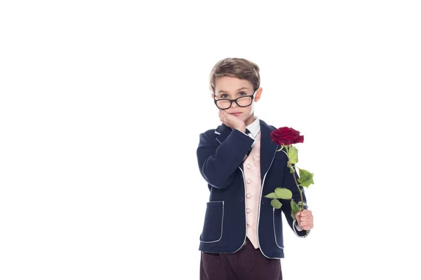 Serious Little Boy Suit Eyeglasses Holding Rose Flower Looking Camera — Stock Photo, Image