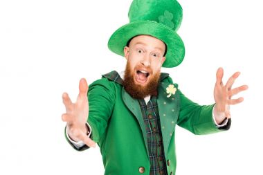 handsome leprechaun in green suit and hat, isolated on white clipart