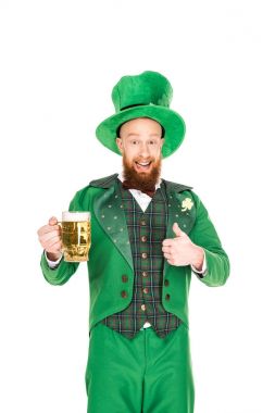 leprechaun celebrating st patricks day with beer and thumb up, isolated on white