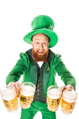 leprechaun celebrating st patricks day with glasses of beer, isolated on white