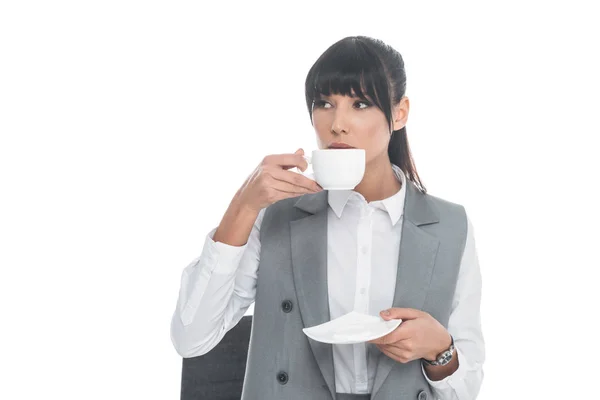 Businesswoman Drinking Tea Office Isolated White — Free Stock Photo