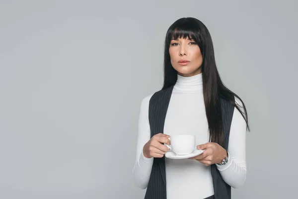 Attractive Brunette Woman Holding Cup Hands Isolated Gray — Stock Photo, Image