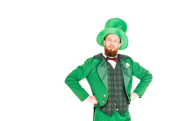 Bel Leprecauno Abito Cappello Verde Isolato Bianco — Foto Stock