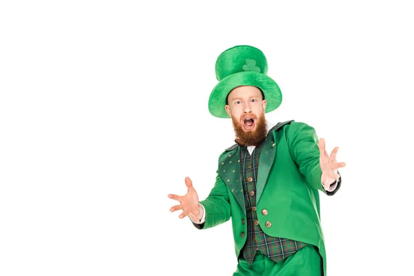 Excited Handsome Leprechaun Green Suit Hat Isolated White — Stock Photo, Image