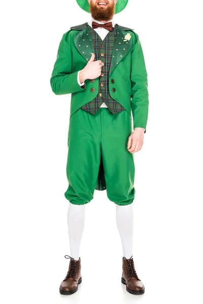 白で隔離で緑のスーツと帽子を親指でレプラコーンのビューをトリミング — ストック写真