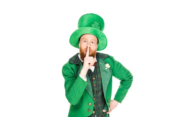 Leprechaun Mostrando Símbolo Silêncio Isolado Branco — Fotografia de Stock