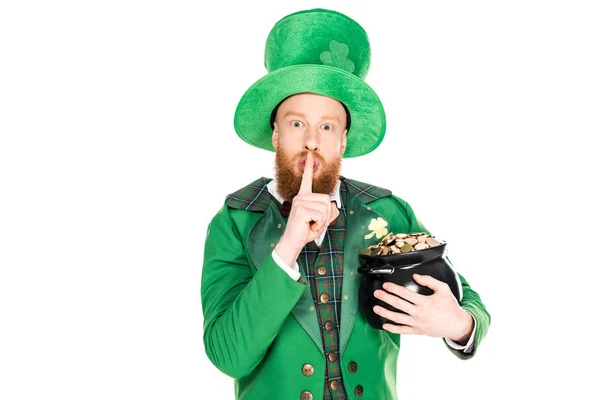 Leprechaun Pot Gold Showing Silence Symbol Isolated White — Stock Photo, Image