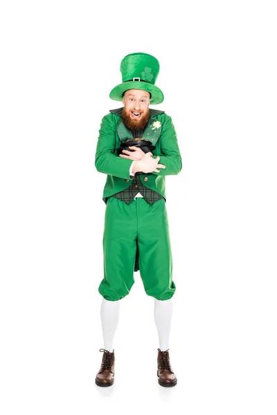 Excited Leprechaun Green Suit Holding Pot Gold Isolated White — Stock Photo, Image