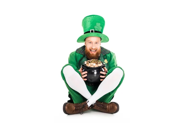 Excited Leprechaun Green Suit Holding Pot Gold Isolated White — Stock Photo, Image