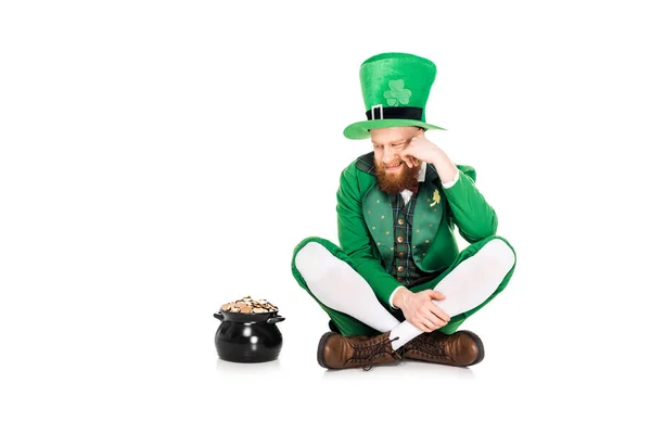 Handsome Leprechaun Green Suit Looking Pot Gold Isolated White — Stock Photo, Image